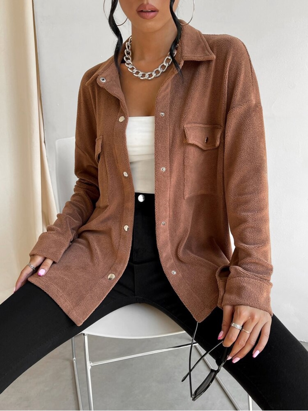 Altar'd State Cozy Teddy Button-Front Jacket - Brown